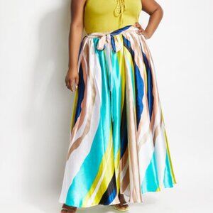 4X- Belted Stripe Satin Maxi Skirt